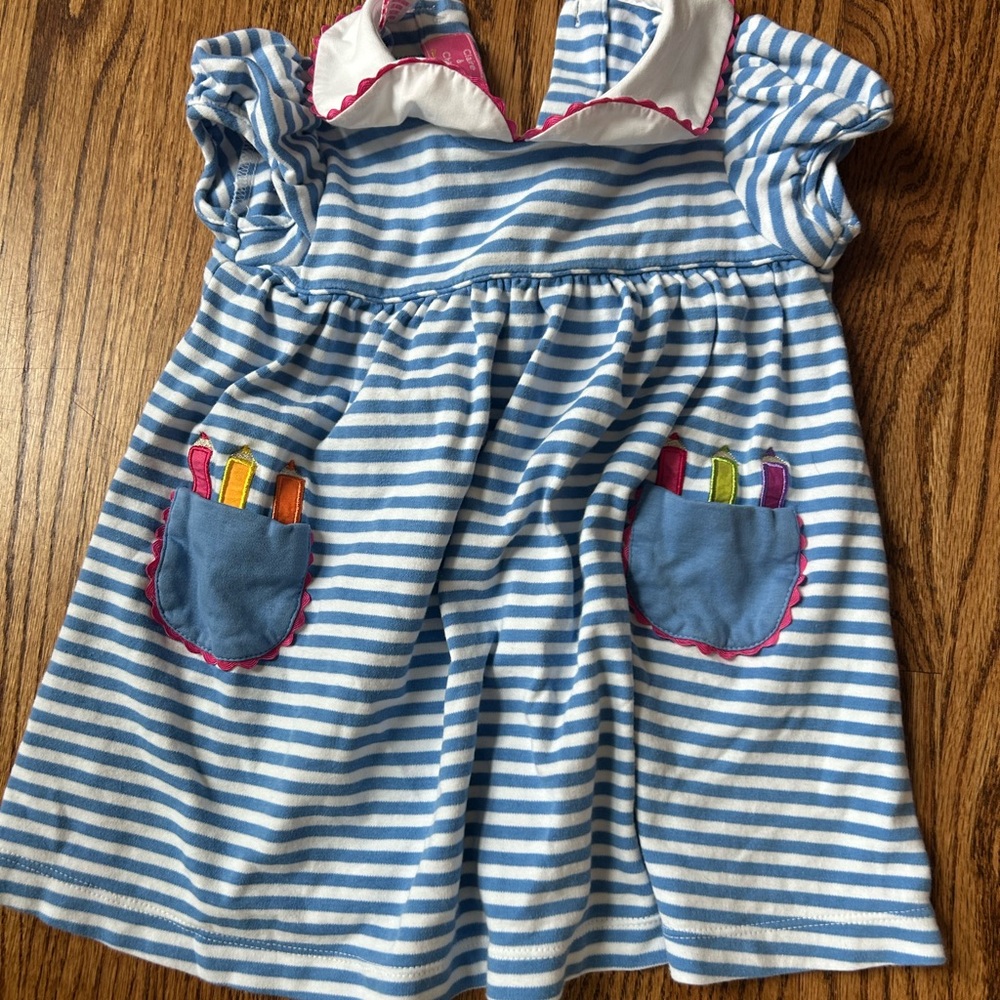 Charming Blue Striped Kids Dress with Colorful Pockets